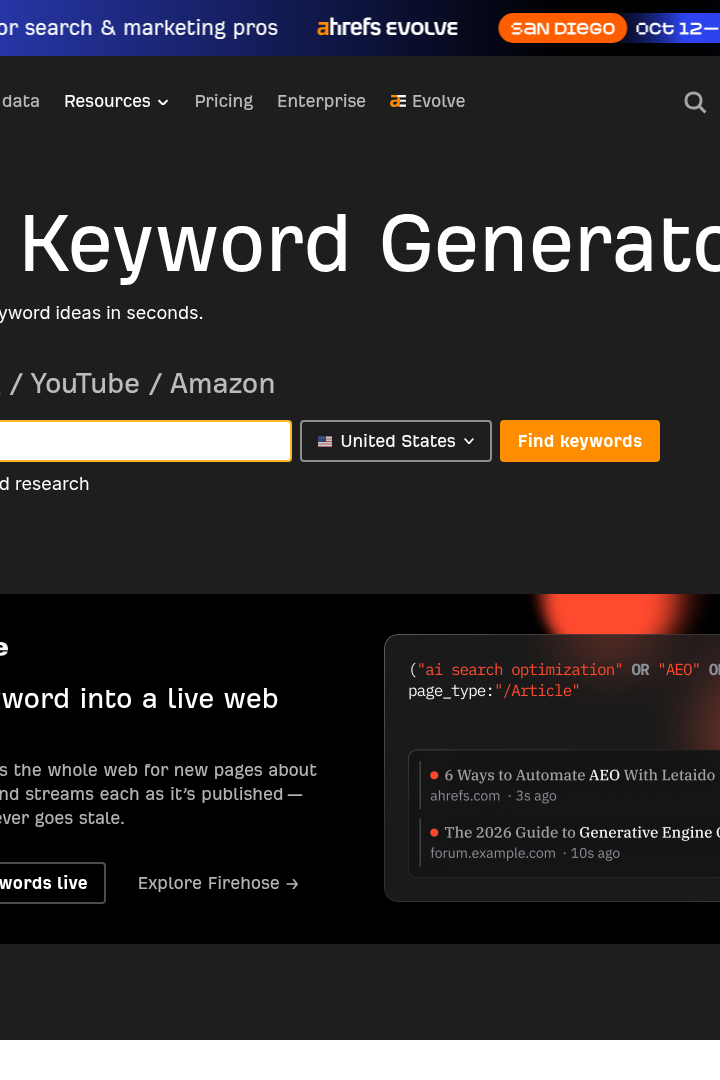 Captura de pantalla de Ahrefs - Generador de Palabras Clave