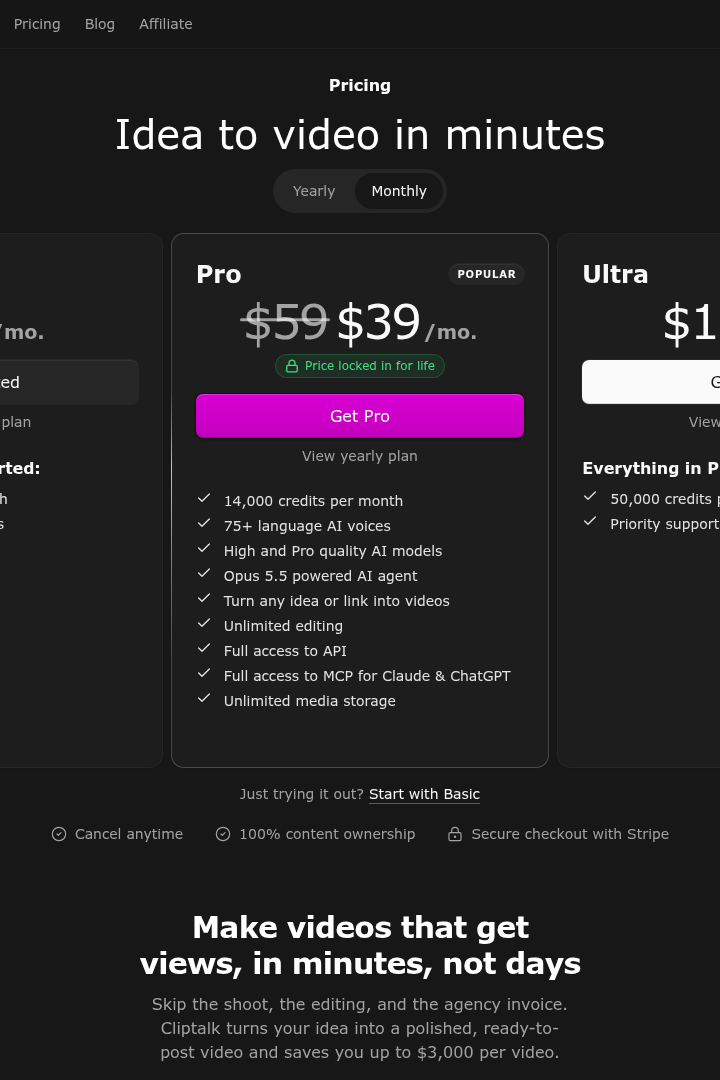 Captura de pantalla de ClipTalk.pro - Precios