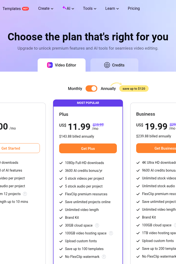 Captura de pantalla de FlexClip - Precios