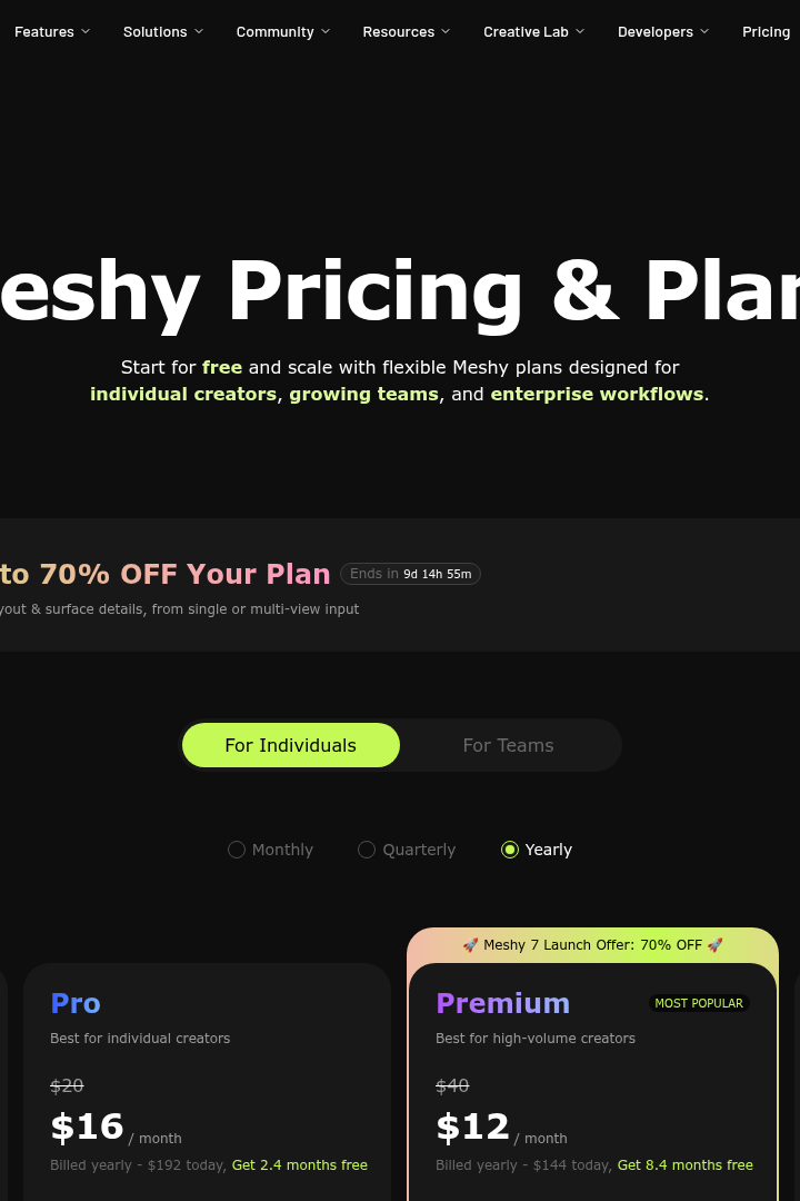 Captura de pantalla de Meshy - Precios