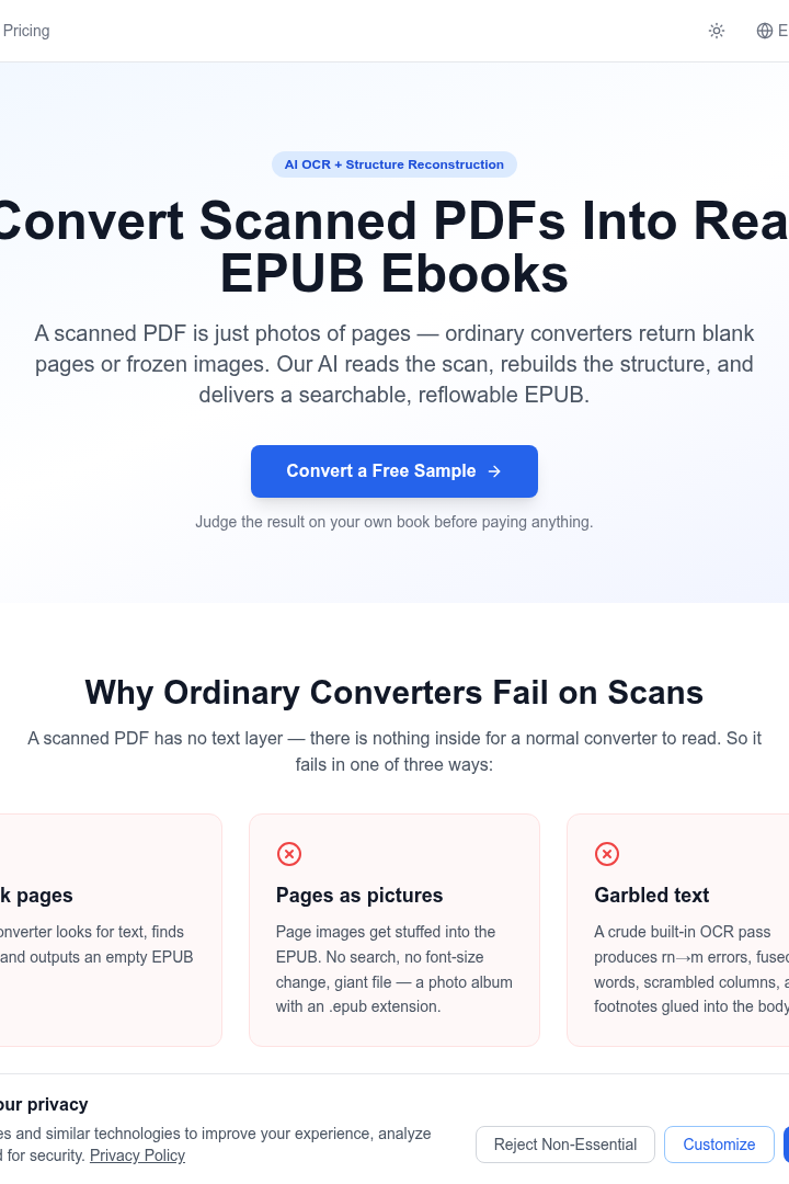 Captura de pantalla de PDF2EPUB.AI - PDF Escaneado a EPUB