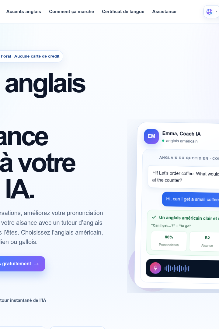Captura de pantalla de EnglishPal.ai - Página principal (FR)