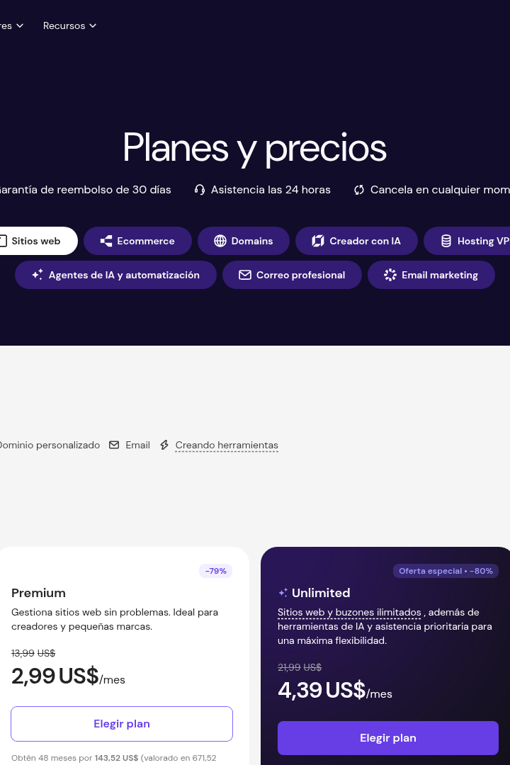 Captura de pantalla de Hostinger - Precios