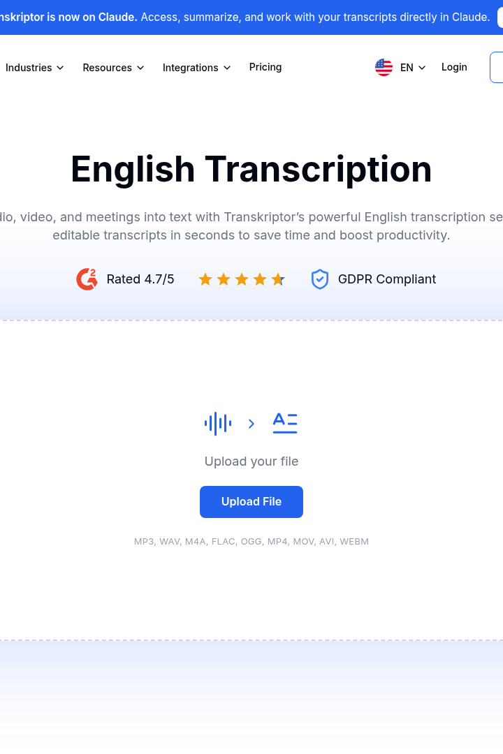 Captura de pantalla de Transkriptor - Transcripción de Audio