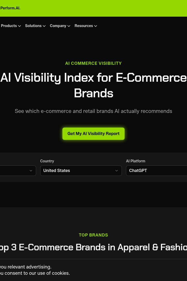 Captura de pantalla de Perform.AI: AI Commerce Visibility - Índice de Visibilidad AI