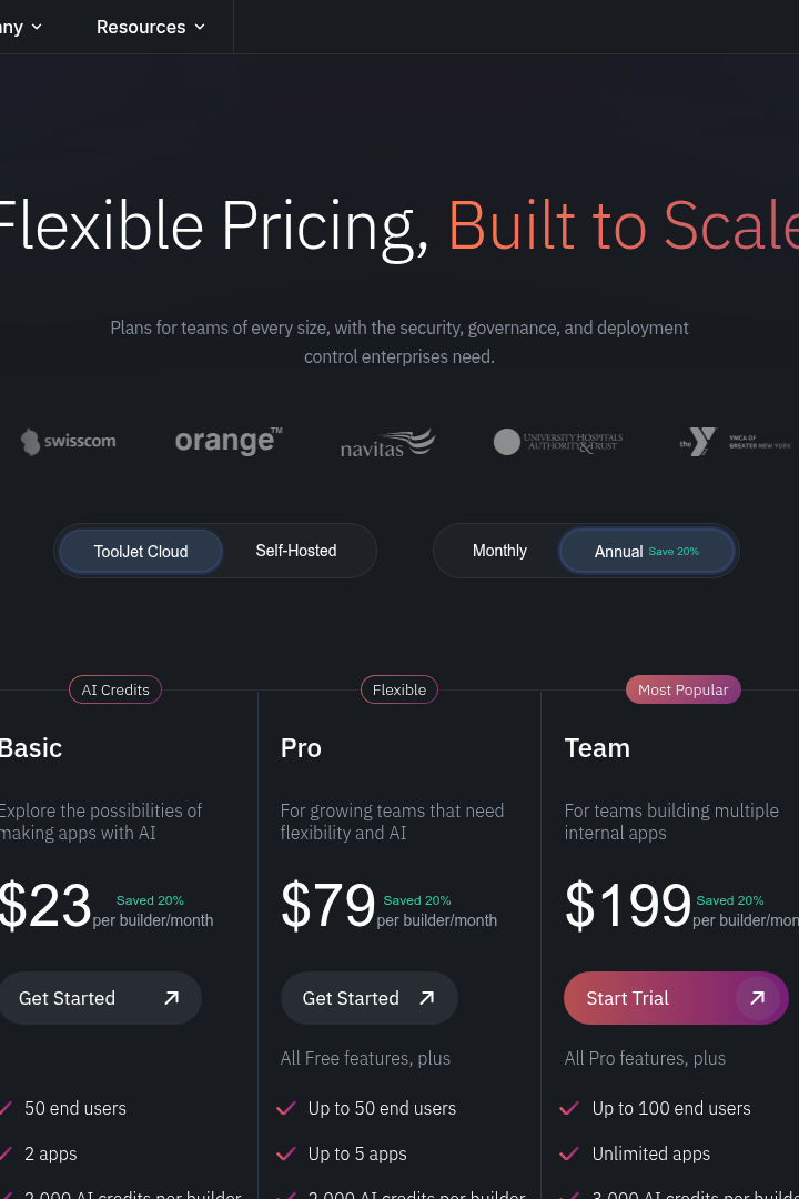 Captura de pantalla de ToolJet - Precios