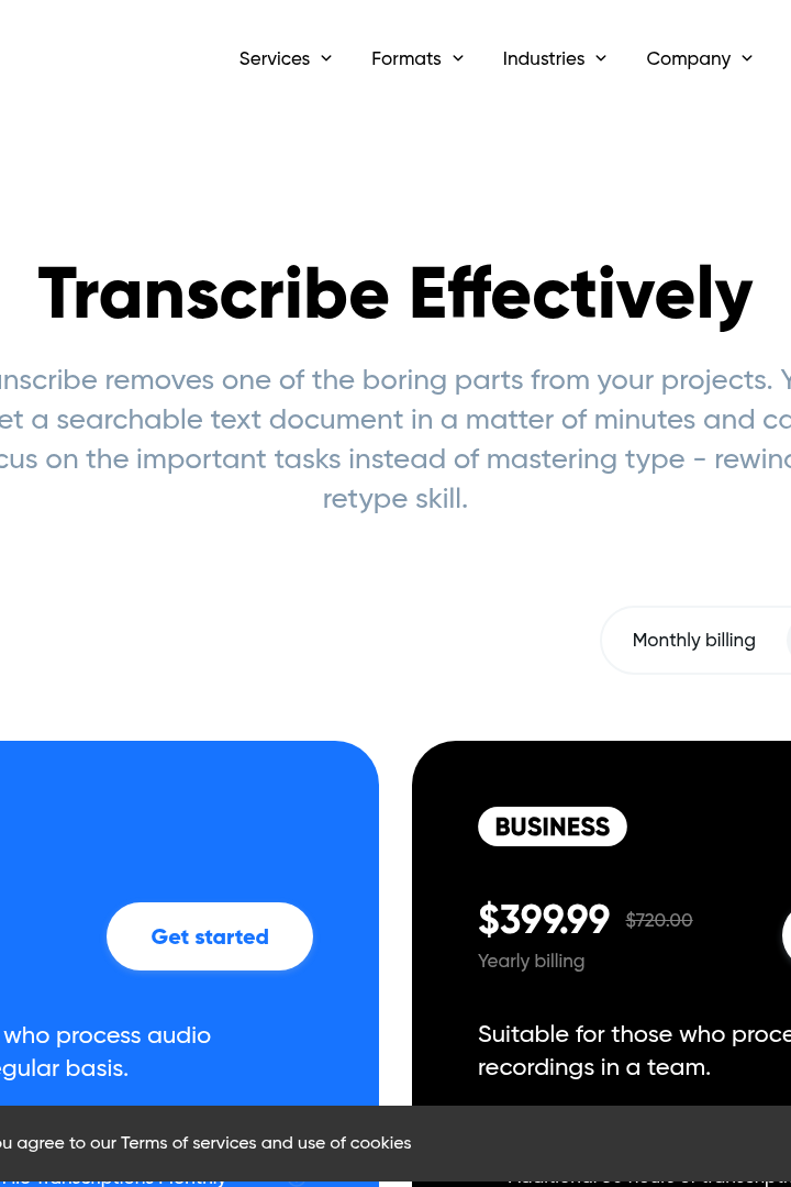 Captura de pantalla de Transcribe.com - Precios
