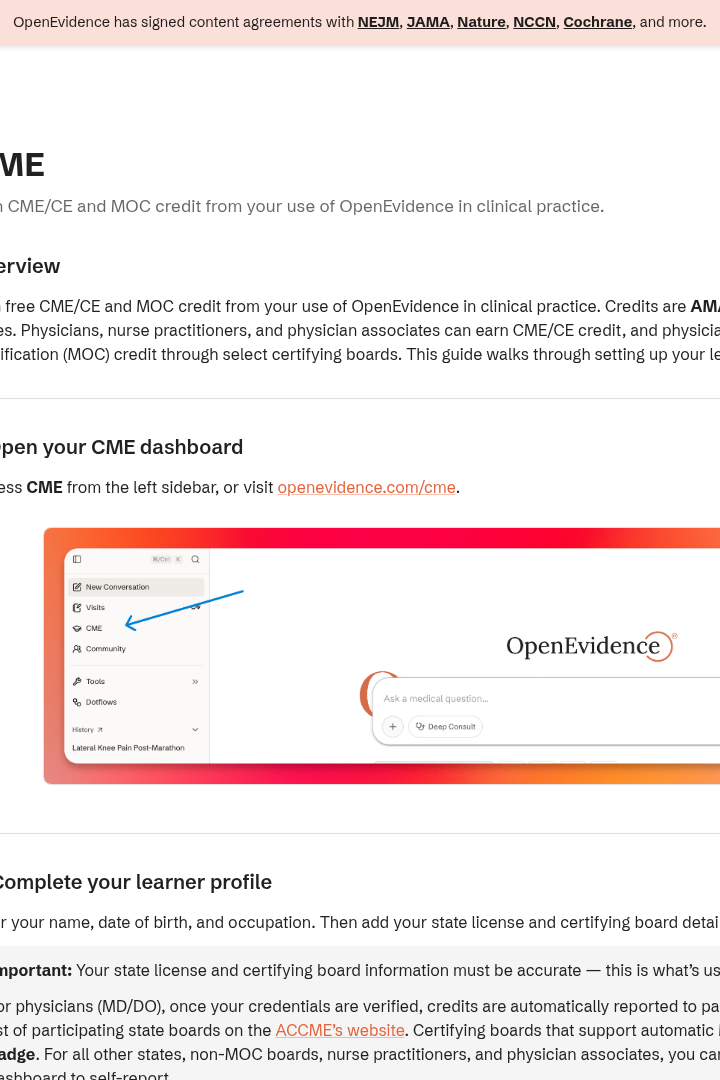 Captura de pantalla de OpenEvidence - Educación Médica Continua (CME)