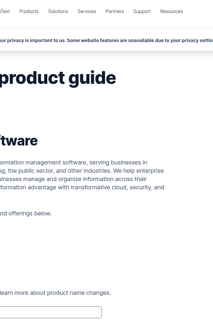 Captura de pantalla de OpenText - Listado de Productos