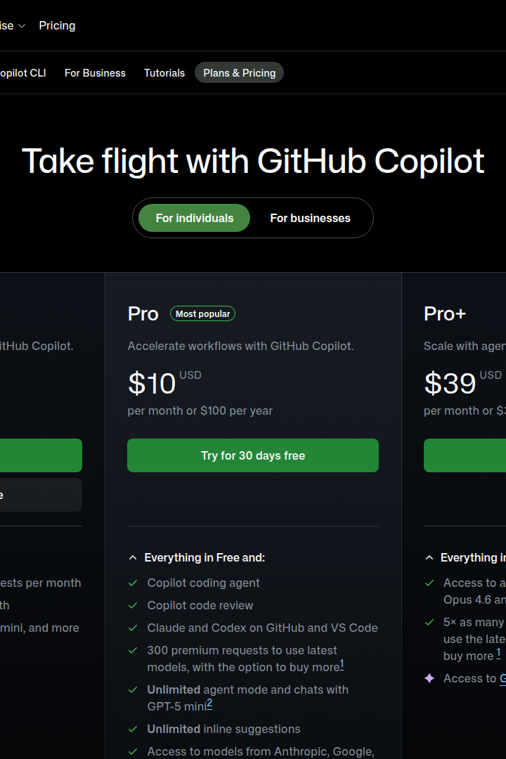 Captura de pantalla de GitHub Copilot - Precios