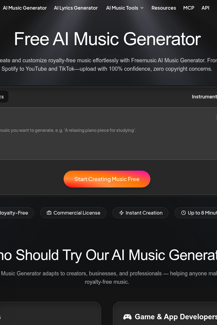 Captura de pantalla de Freemusic AI - Hero