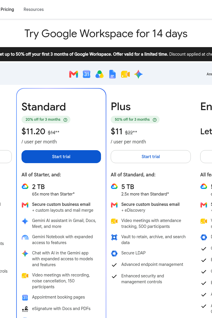 Captura de pantalla de Google Workspace - Precios