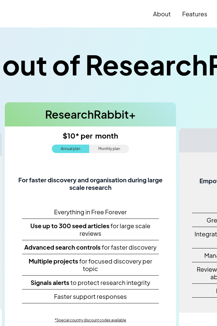 Captura de pantalla de ResearchRabbit - Precios