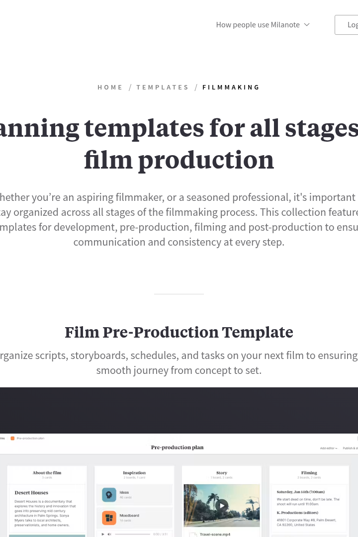 Captura de pantalla de Milanote - Plantilla de Cine