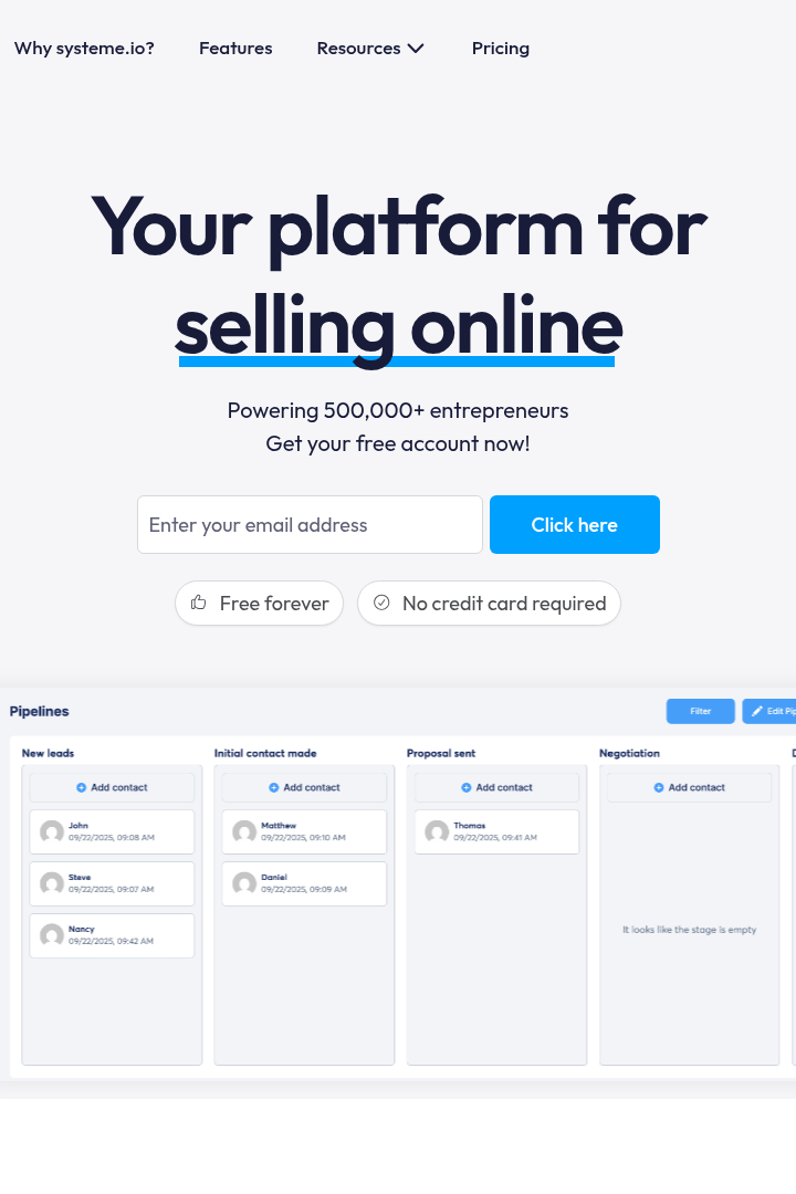 Captura de pantalla de systeme.io - Hero