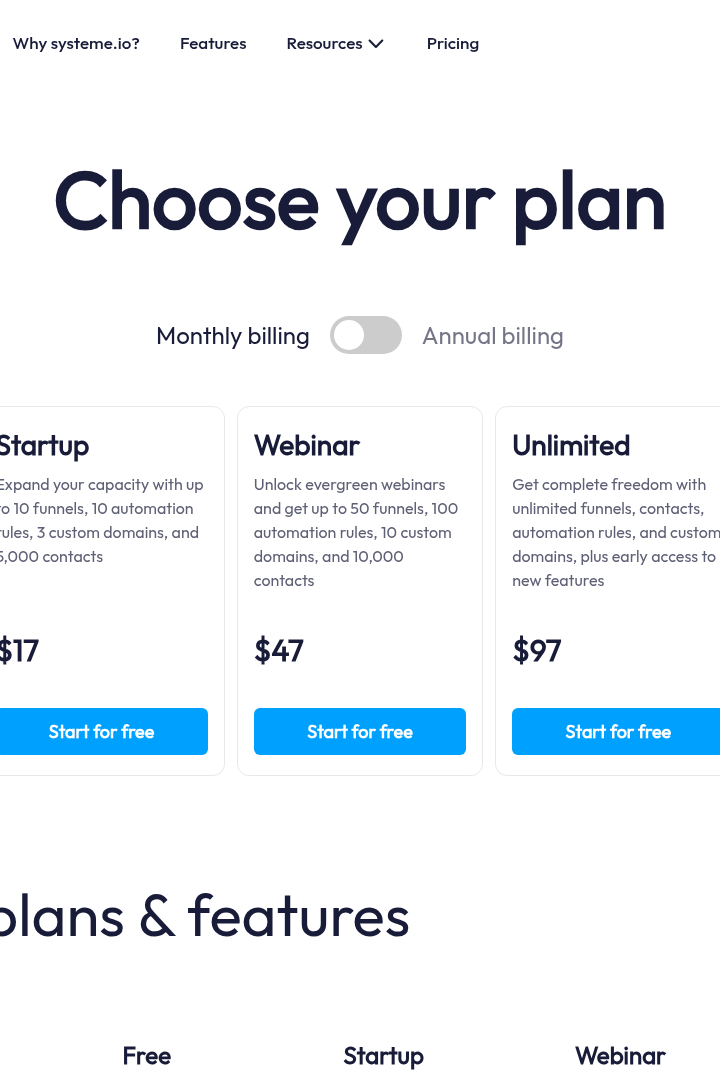 Captura de pantalla de systeme.io - Precios