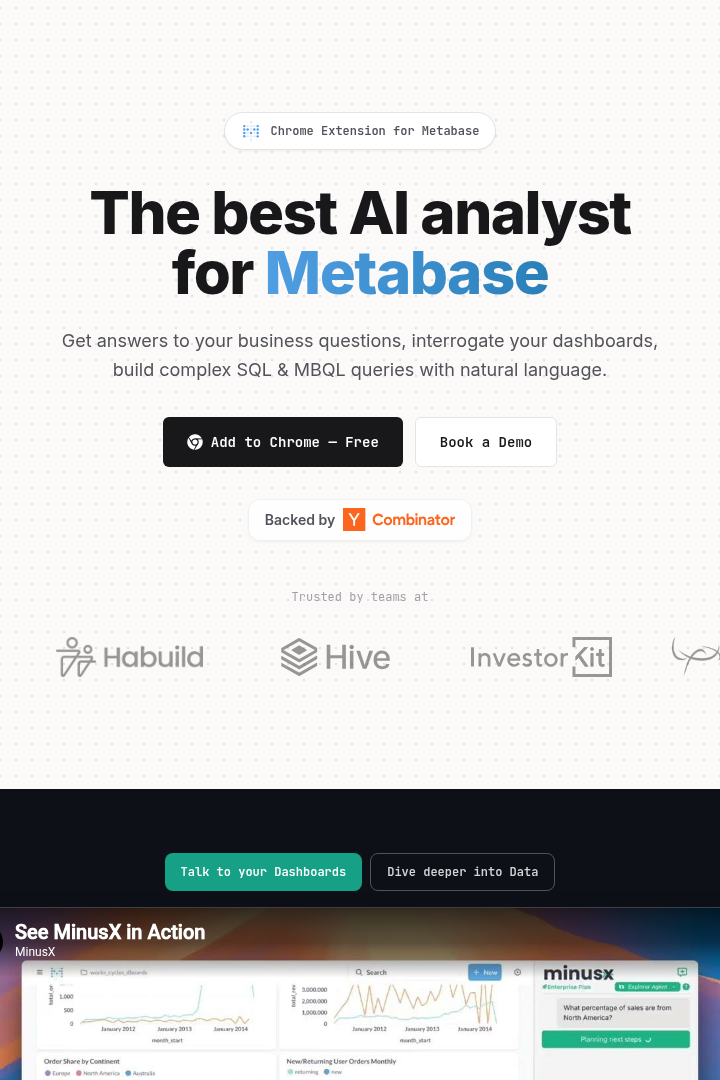 Captura de pantalla de MinusX - Integración Metabase y IA