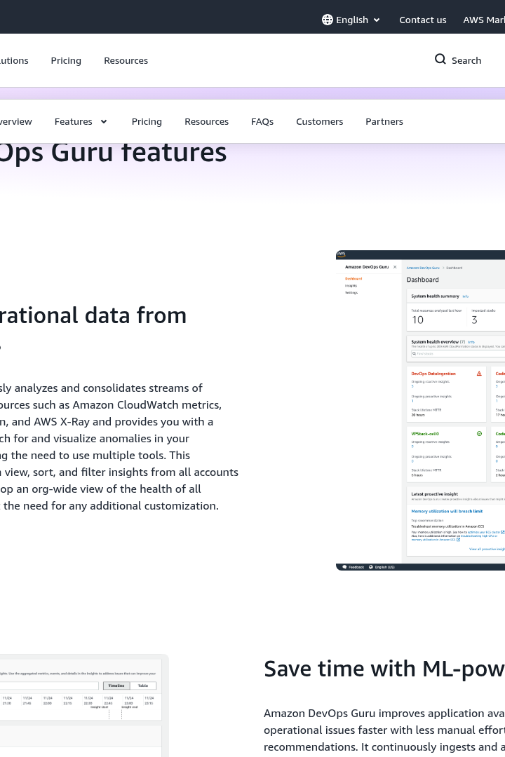 Captura de pantalla de Amazon DevOps Guru - Características