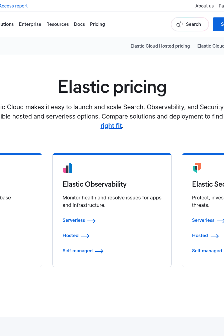 Captura de pantalla de Elastic - Precios