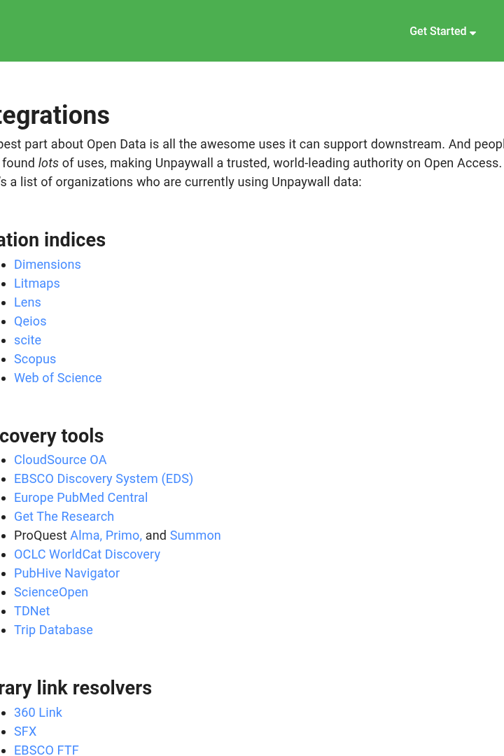 Captura de pantalla de Unpaywall - Integraciones