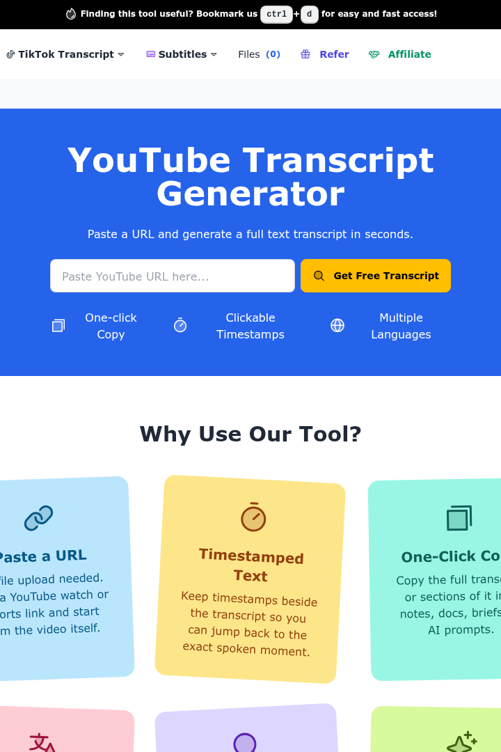 Captura de pantalla de Transcript.you - Generador de Transcripciones de YouTube