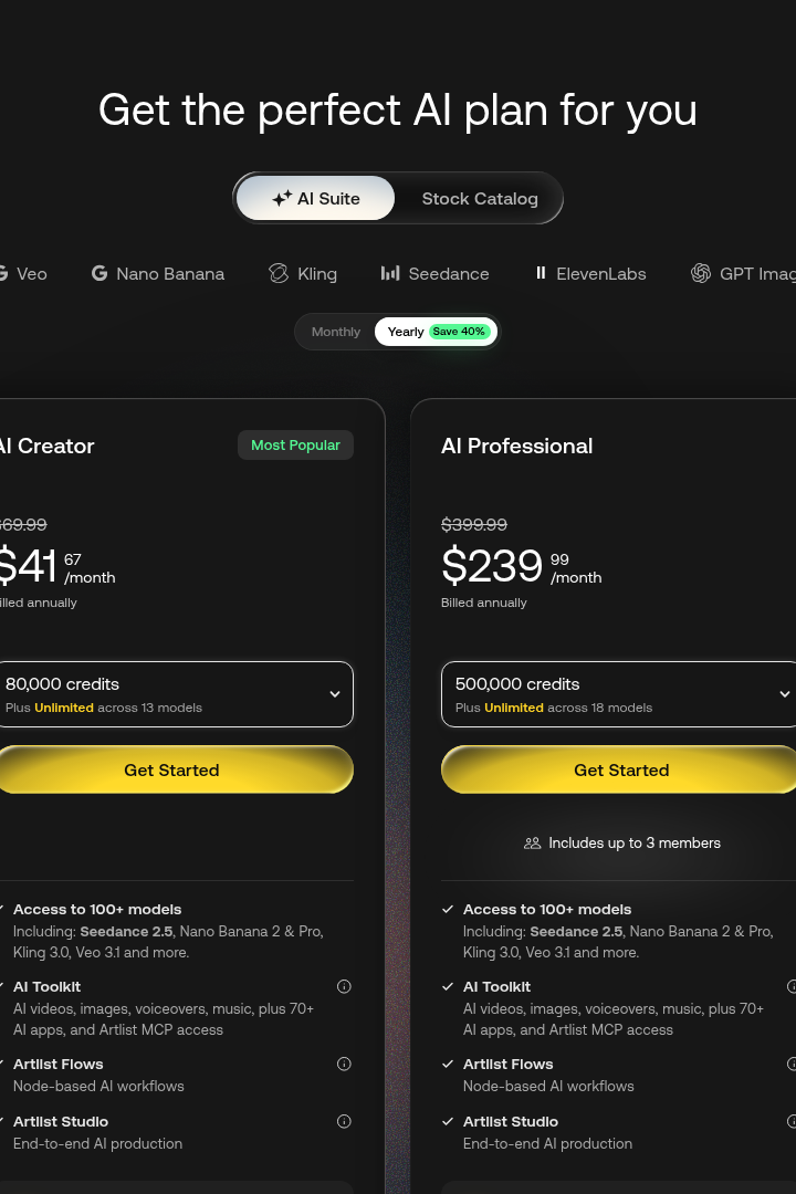 Captura de pantalla de Artlist AI Suite - Precios