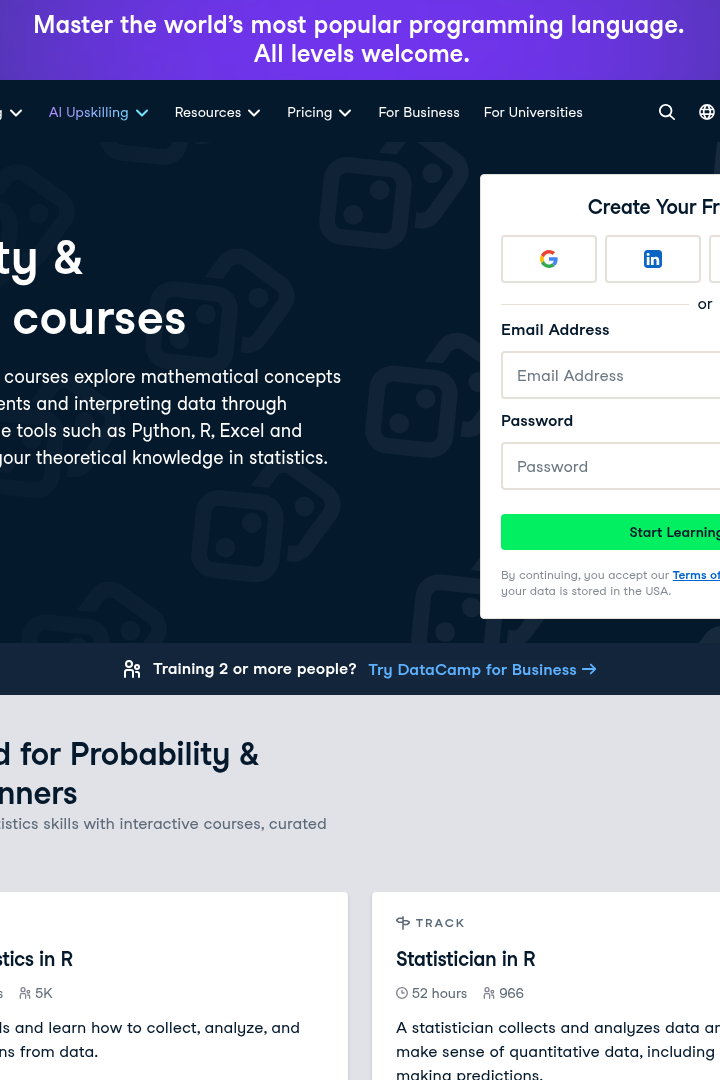 Captura de pantalla de DataCamp - Categoría de Cursos