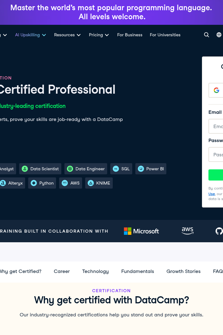 Captura de pantalla de DataCamp - Certificaciones