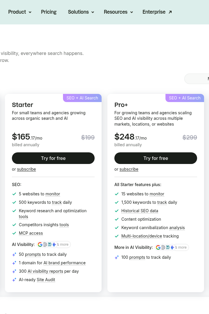 Captura de pantalla de Semrush - Precios