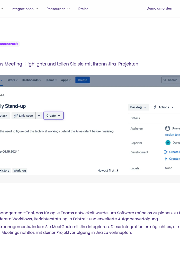 Captura de pantalla de MeetGeek - Integración con Jira