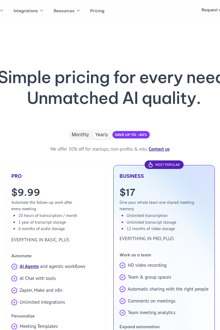 Captura de pantalla de MeetGeek - Precios