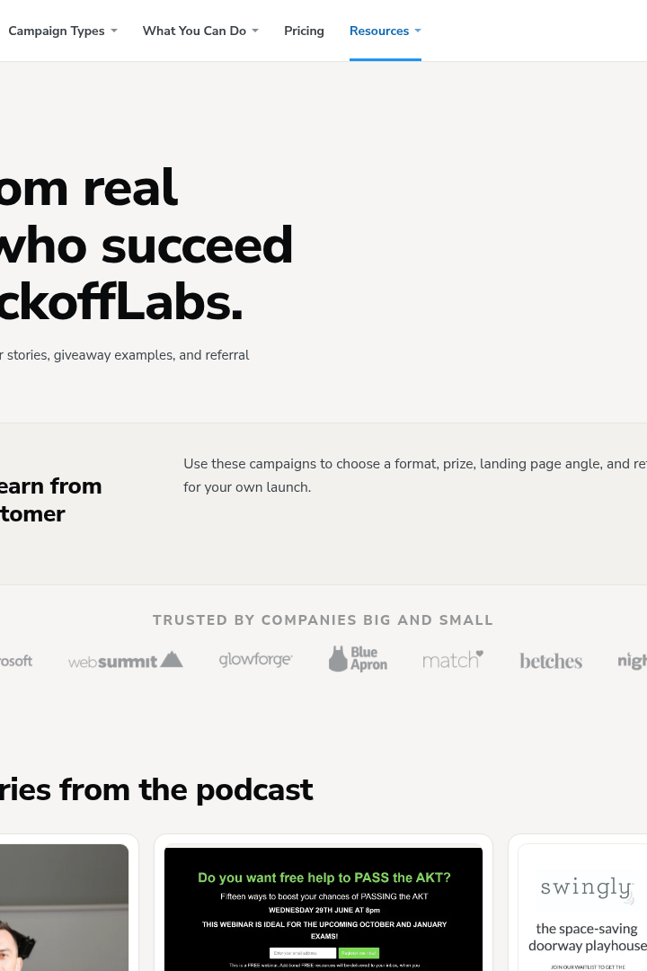 Captura de pantalla de KickoffLabs - Ejemplos de Campañas