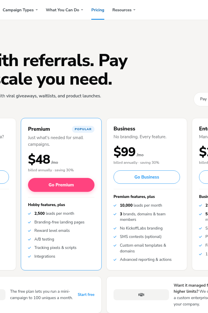 Captura de pantalla de KickoffLabs - Precios