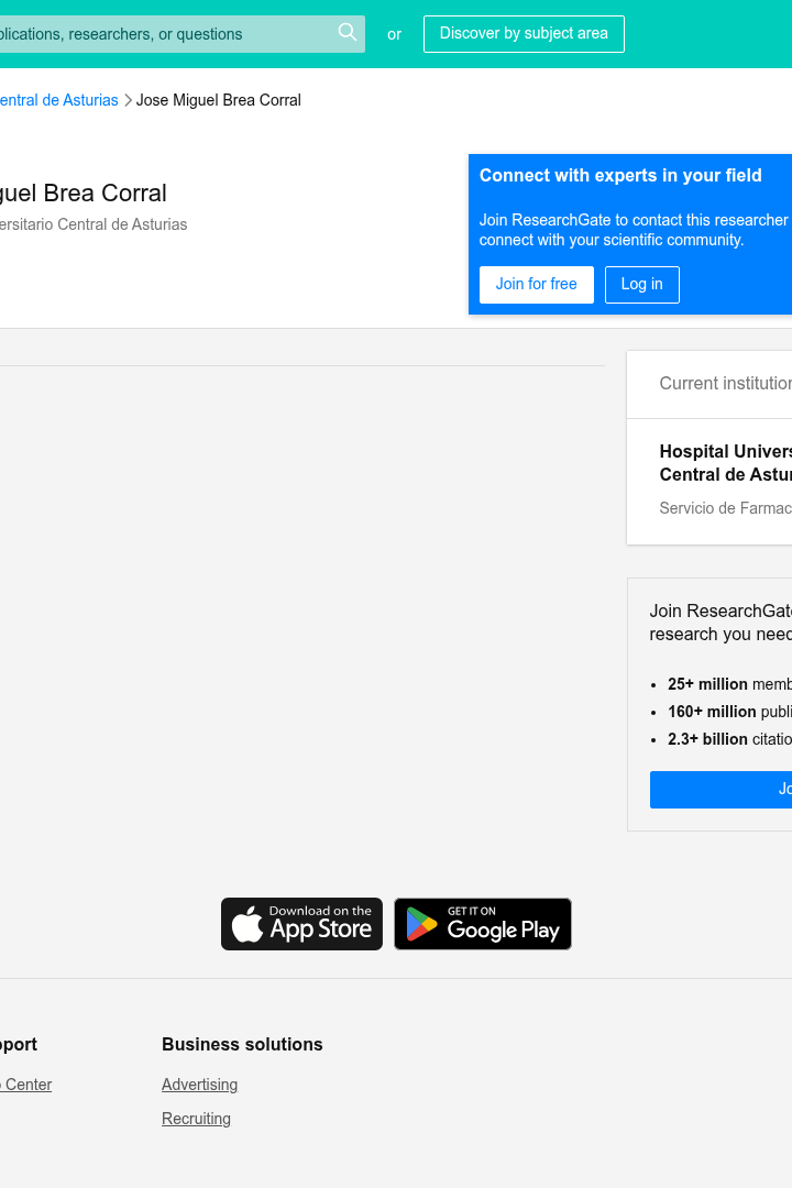 Captura de pantalla de ResearchGate - Perfil de Investigador