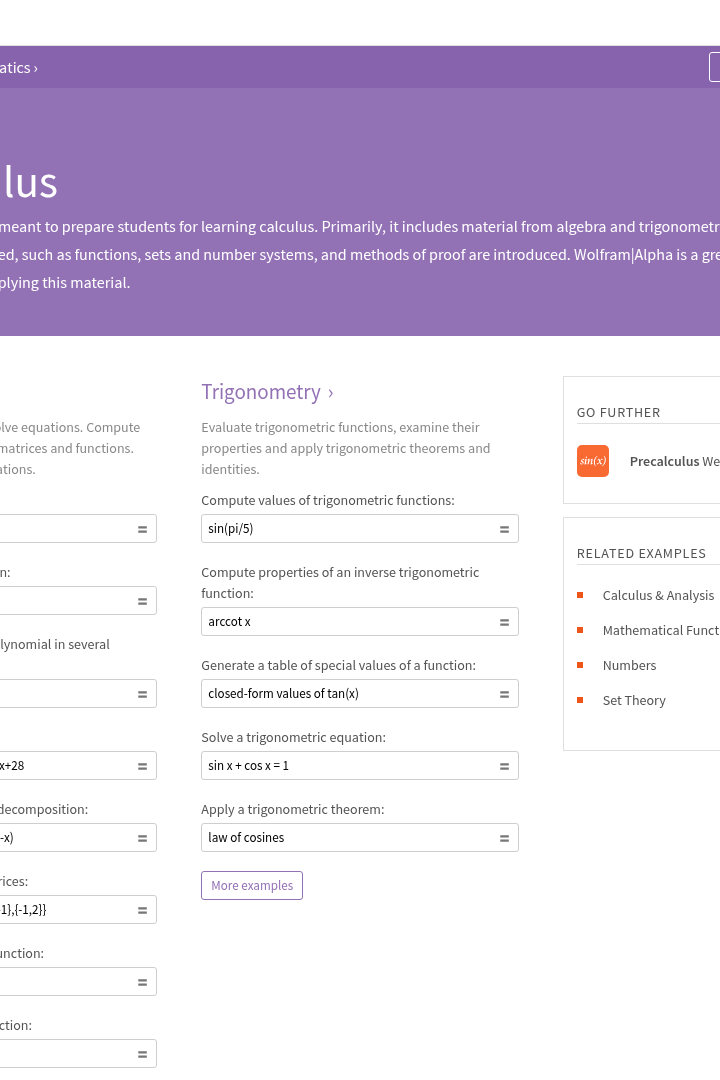Captura de pantalla de WolframAlpha - Ejemplos de Matemáticas