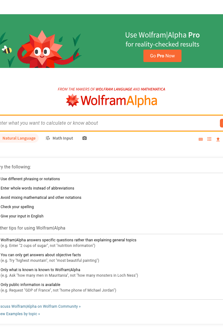 Captura de pantalla de WolframAlpha - Interfaz Principal