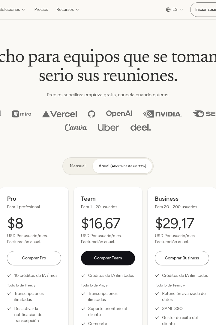 Captura de pantalla de Tactiq - Precios