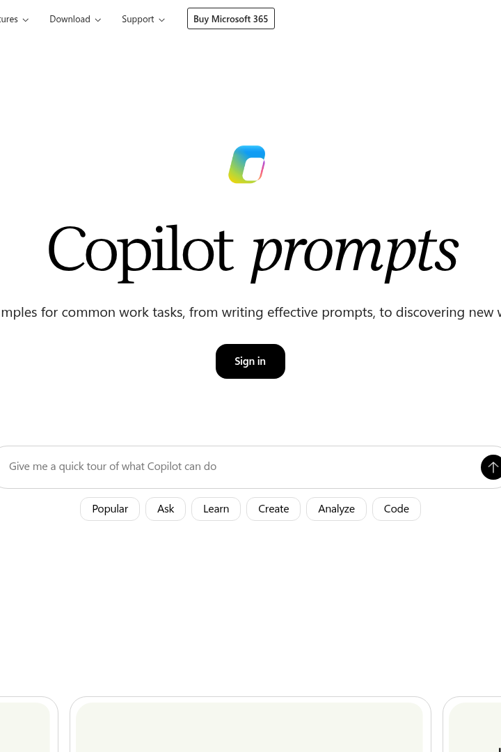 Captura de pantalla de Microsoft Copilot en Microsoft 365 - Ejemplos de Prompts