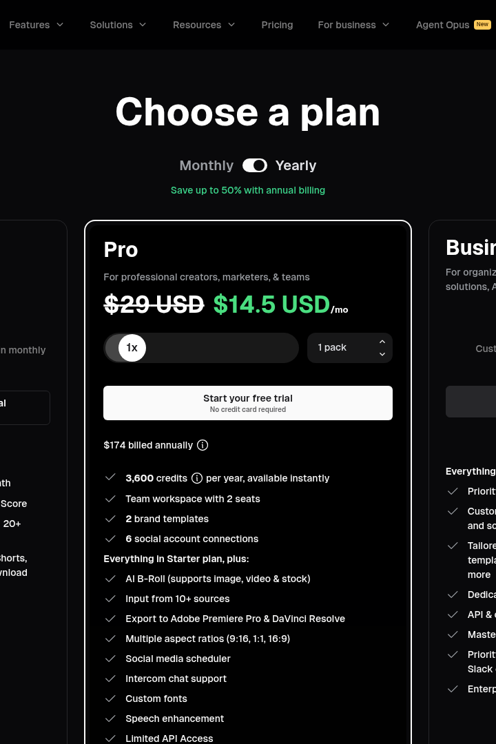 Captura de pantalla de OpusClip - Precios