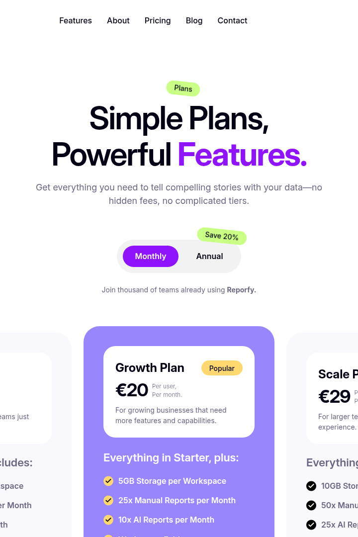 Captura de pantalla de Reporfy - Precios