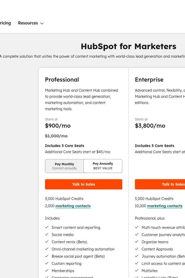 Captura de pantalla de HubSpot - Precios de Marketing