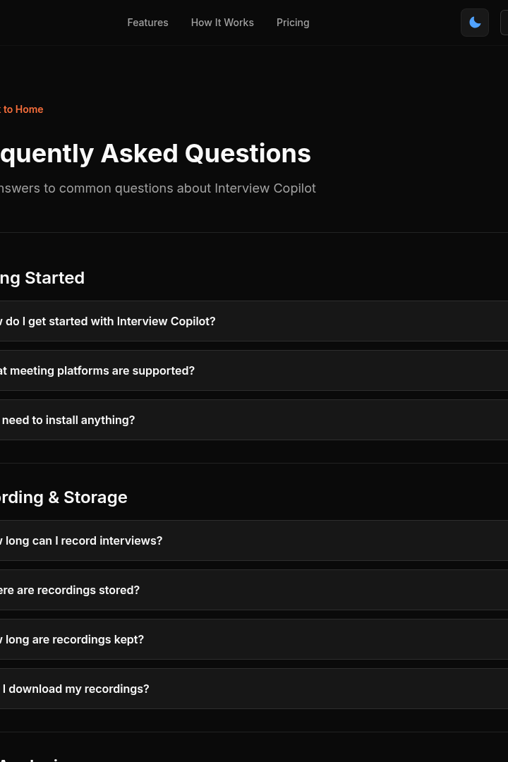 Captura de pantalla de Interview Copilot - Preguntas Frecuentes