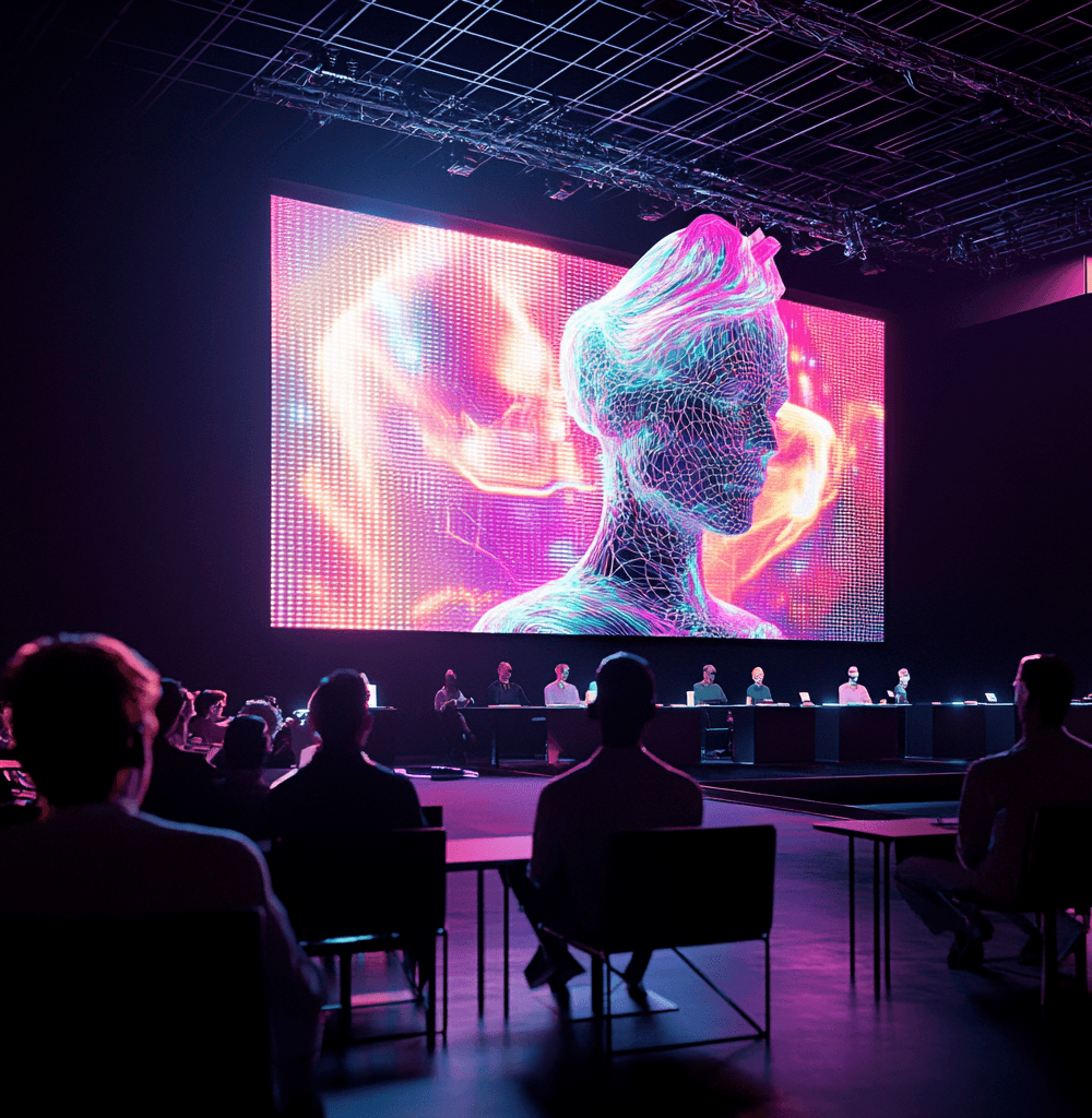 Conferencia futurista de Adobe MAX 2024 mostrando herramientas creativas impulsadas por inteligencia artificial en una pantalla gigante. El público observa una presentación visual vibrante con gráficos 3D y modelos digitales. Ambiente moderno y tecnológico con enfoque en innovación en el diseño digital