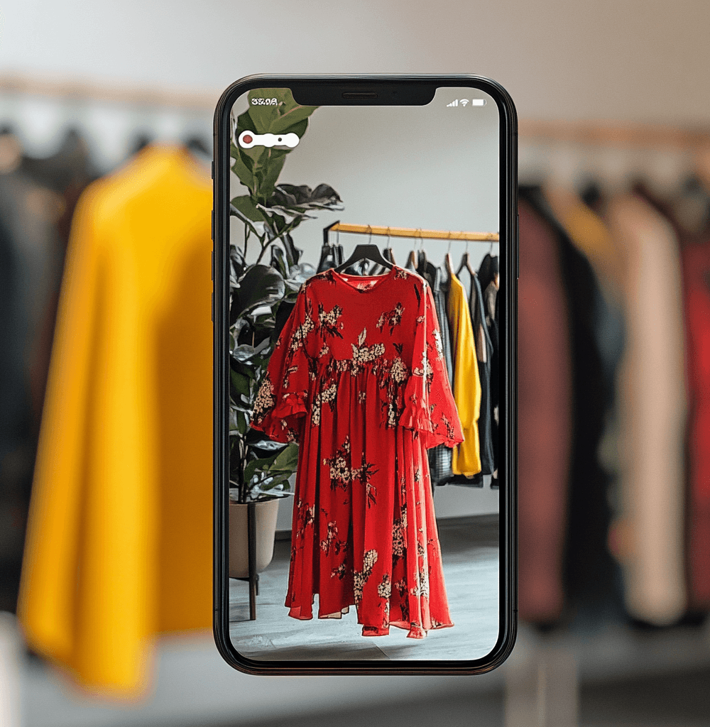 Aplicación de moda Aesthetic mostrando un vestido rojo floral en pantalla de móvil para identificación y compra, facilitando la conexión entre redes sociales y e-commerce