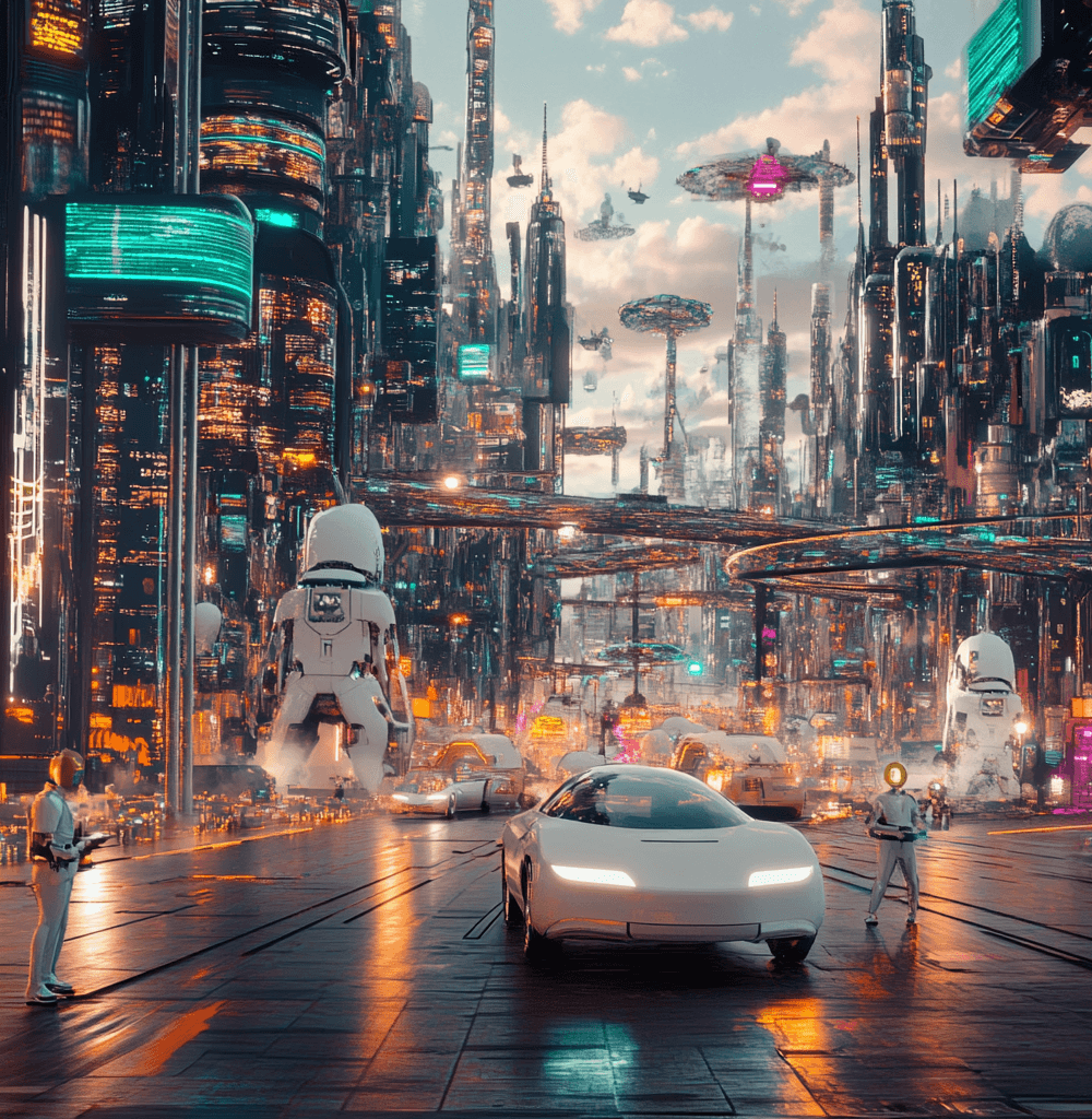 Ciudad futurista llena de agentes de inteligencia artificial, con robots autónomos interactuando con humanos, vehículos sin conductor y tecnología avanzada en un entorno cyberpunk