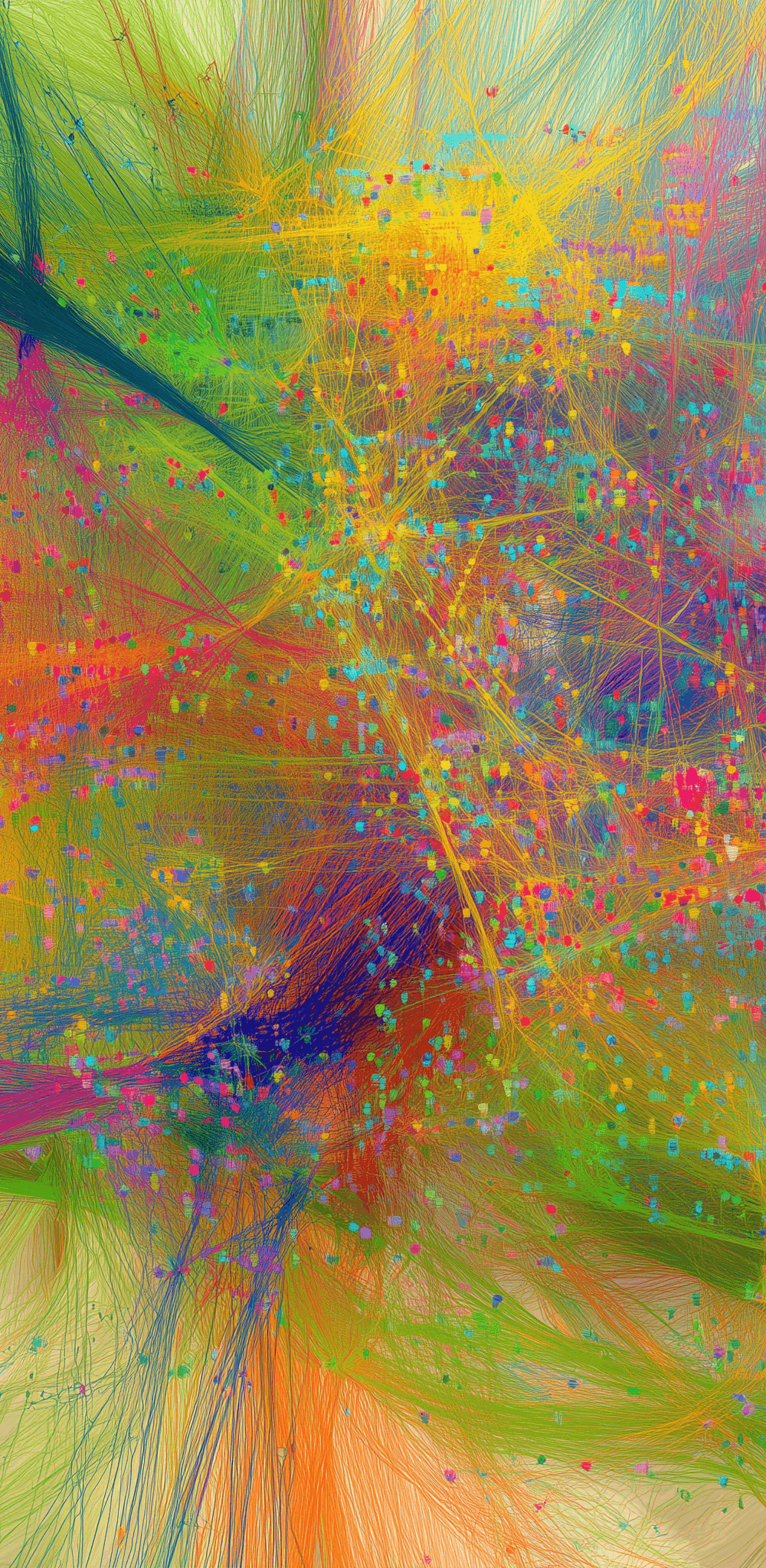 Visualización de datos complejos con trazabilidad y flujos de información multicolor, representando la observabilidad de agentes IA con AgentOps