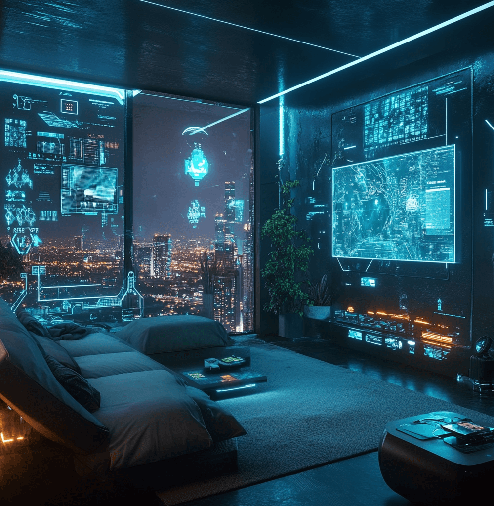 Habitación futurista con tecnología avanzada y hologramas interactivos, representando la inteligencia artificial de Alexa+. Un hogar inteligente donde Alexa Amazon gestiona dispositivos conectados con automatización avanzada