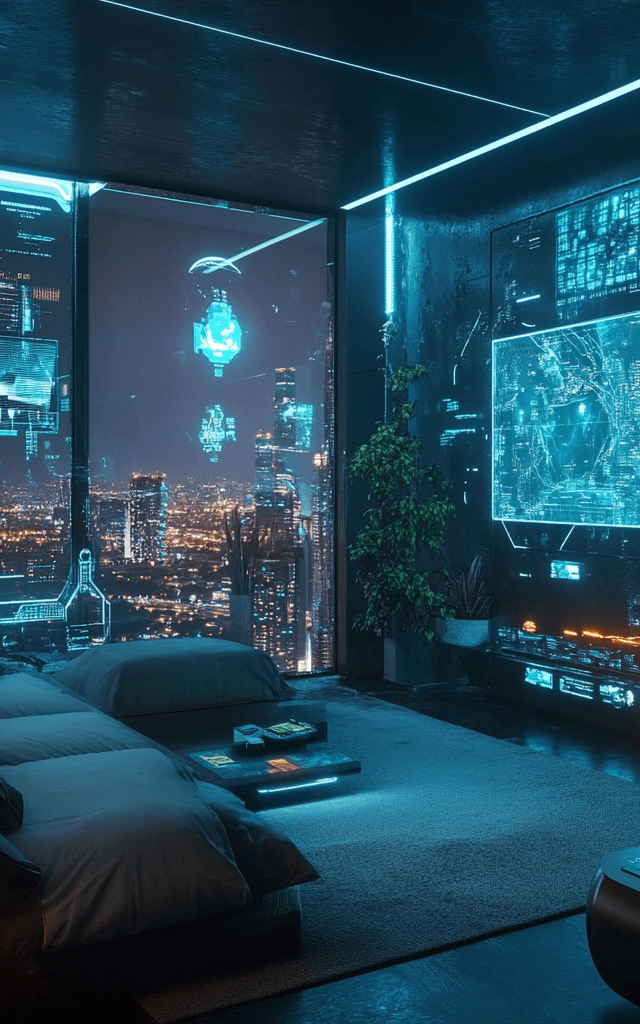 Habitación futurista con tecnología avanzada y hologramas interactivos, representando la inteligencia artificial de Alexa+. Un hogar inteligente donde Alexa Amazon gestiona dispositivos conectados con automatización avanzada