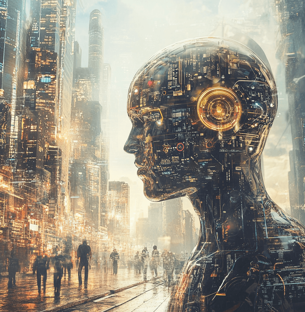 Representación artística de un modelo de inteligencia artificial avanzado con un diseño futurista, mostrando circuitos integrados en una cabeza humanoide transparente, en un entorno urbano tecnológico con rascacielos iluminados y figuras humanas en movimiento