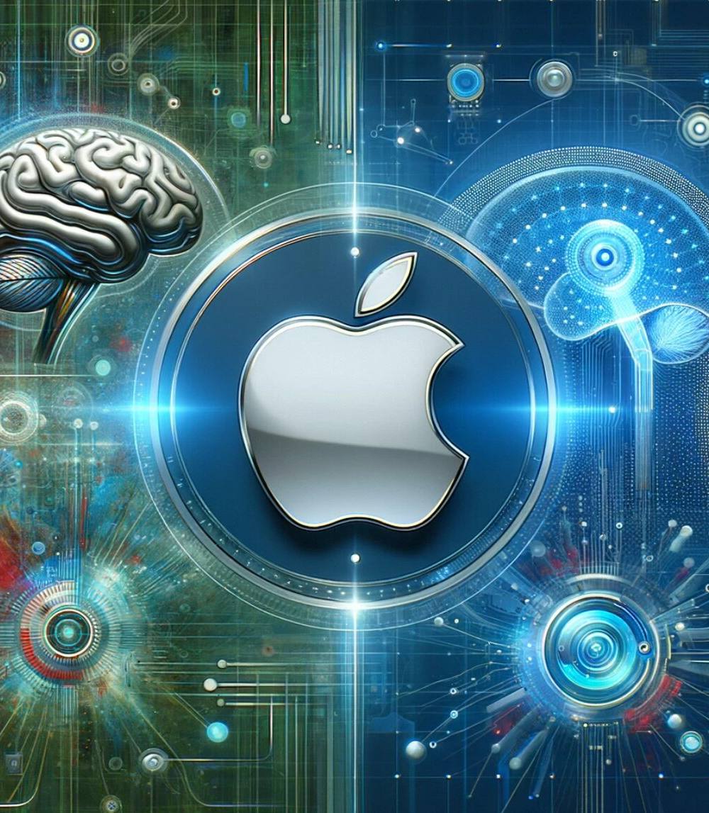 Logo de Apple con un fondo relacionado con inteligencia artificial, mostrando elementos como redes neuronales, cerebros digitales y gráficos futuristas para un artículo sobre WWDC 2024
